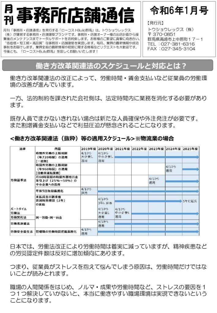 『月刊 事務所・店舗通信』1月号 働き方改革関連法のスケジュールと対応とは？